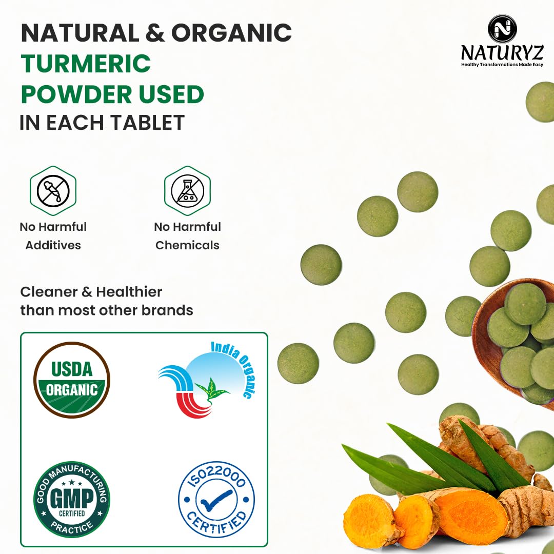 NATURYZ Organic Turmeric Highest Strength 1200mg tablets | Supports Joint, Skin Health, Immune Function | Anti inflammatory Supplement for Adults | Non-GMO, Vegan, Gluten-Free | USDA Organic Certified | Pesticides & Chemical Free - 60 Veg Tablets