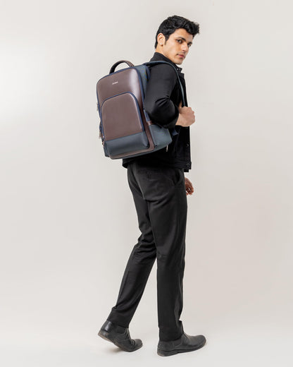 AETHON | Krossover 15.6-Inch Laptop Backpack | Water-Resistant with Multiple Pockets for Office, Travel | Shoulder Bag Made with Vegan Microfiber Leather (BLUE + BROWN)