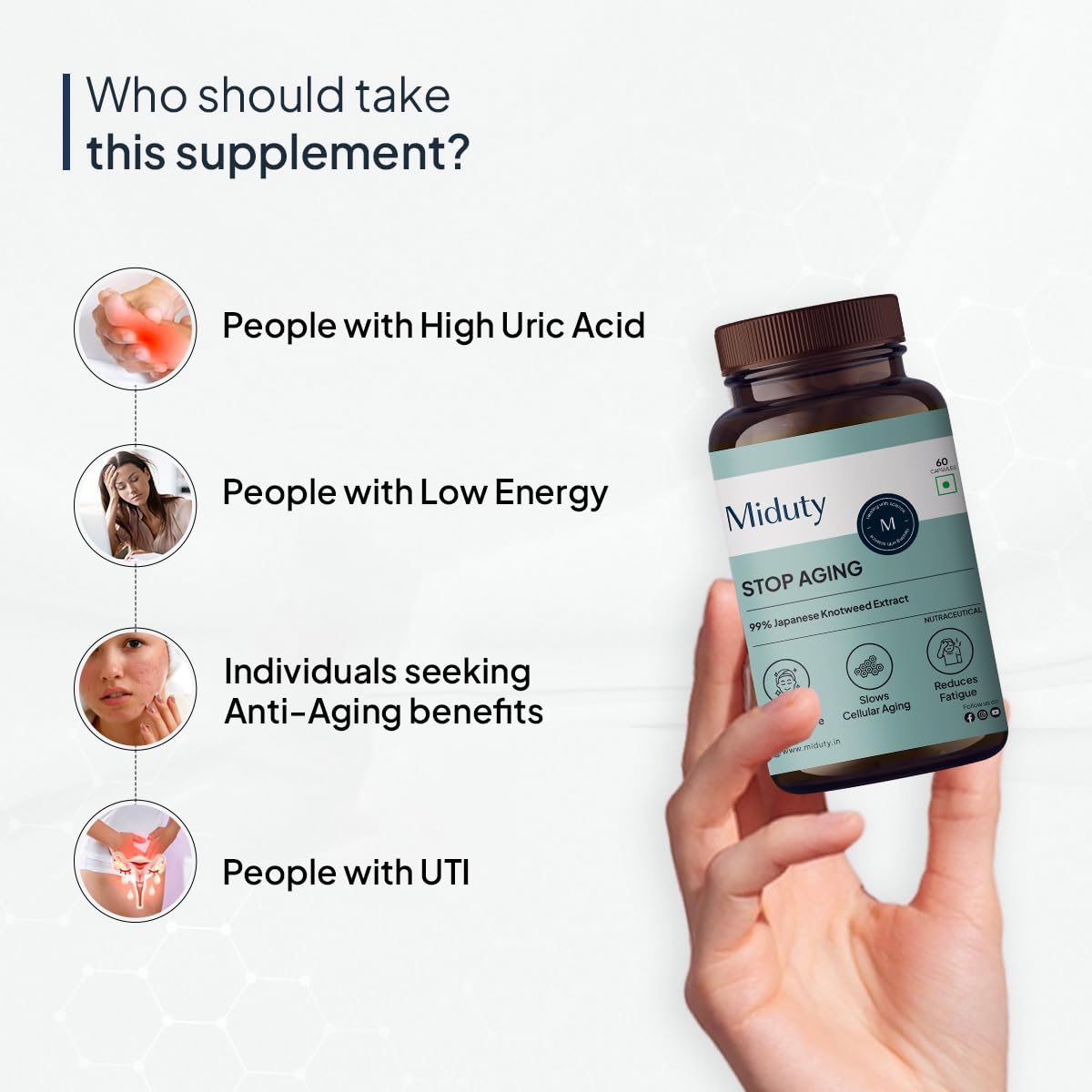 Miduty Stop Aging Trans Resveratol 250mg with Green Tea Leaf Extract 300mg | Quercetin, Bitter Orange & Pomegranate Fruit Extract | Powerful Antioxidant Formula | Anti Aging Supplement 60 Veg Capsules