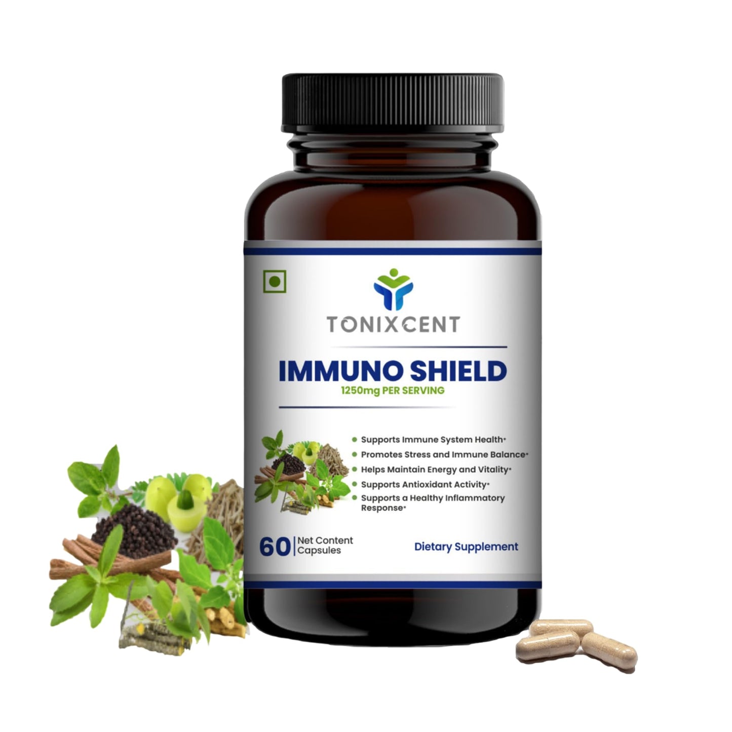 TONIXCENT Immuno Shield Capsules for Men & Women | 1250mg | With Amla, Ashwagandha, Giloy, Tulsi, Shatavari | Boosts Immunity, Energy & Antioxidant Support | 60 Veg Capsules