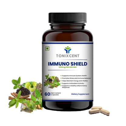 TONIXCENT Immuno Shield Capsules for Men & Women | 1250mg | With Amla, Ashwagandha, Giloy, Tulsi, Shatavari | Boosts Immunity, Energy & Antioxidant Support | 60 Veg Capsules