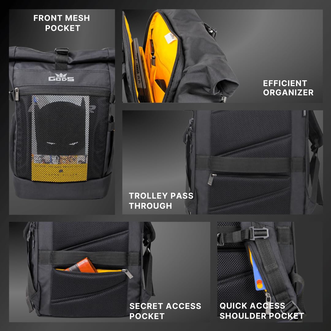 Gods RAPTR ROLL TOP 30 Litre 15.6 Inch Laptop Backpack with Efficient Organiser, Quick Access Pockets, Laptop Compartment, Expendable Design,Travel Friendly, Water Resistant, Black