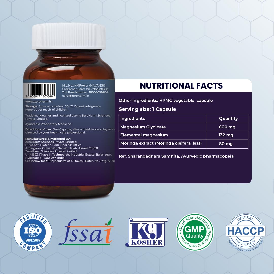 Magnesium Glycinate + Moringa Extract | 1360 mg Per Serving | Muscle, Sleep Support | Promotes Joint Mobility | No Additives, Preservatives for Men & Women | Nano Formulated 60 Capsules By ZEROHARM