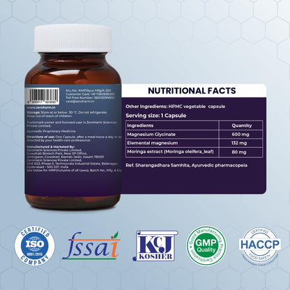 Magnesium Glycinate + Moringa Extract | 1360 mg Per Serving | Muscle, Sleep Support | Promotes Joint Mobility | No Additives, Preservatives for Men & Women | Nano Formulated 60 Capsules By ZEROHARM