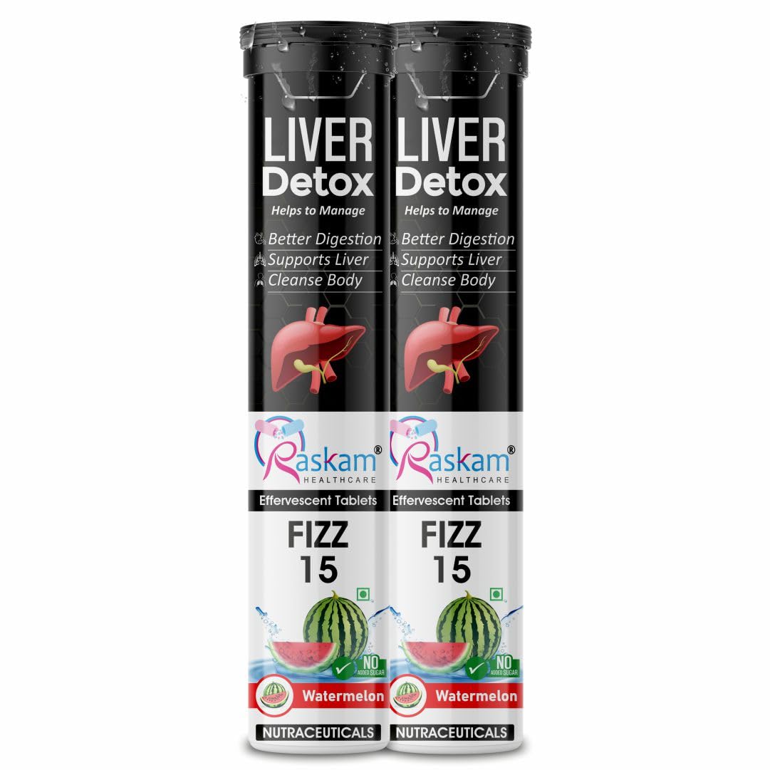 Raskam Liver Detox Effervescent – Plant-Based Detox with 9 Ayurvedic Herbs | Sugar-Free | Refreshing Watermelon Flavor | Drop, Fizz, Sip | Fizz 15 Tablets Pack of 2