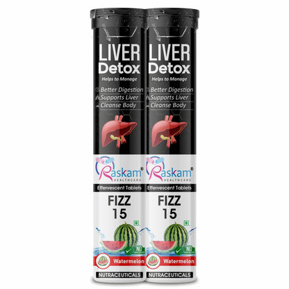 Raskam Liver Detox Effervescent – Plant-Based Detox with 9 Ayurvedic Herbs | Sugar-Free | Refreshing Watermelon Flavor | Drop, Fizz, Sip | Fizz 15 Tablets Pack of 2