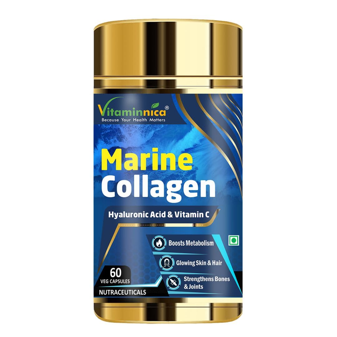 Vitaminnica Marine Collagen Capsules with Hyaluronic Acid & Vitamin C - Skin, Hair, Bones & Joints | 60 Capsules