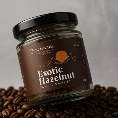Beany Day Exotic Hazelnut Instant Coffee 50g | Premium Flavoured Coffee Powder | Agglomerated Coffee Granules | Smooth Nutty Aroma | No Chicory | Perfect for Hot & Cold Coffee