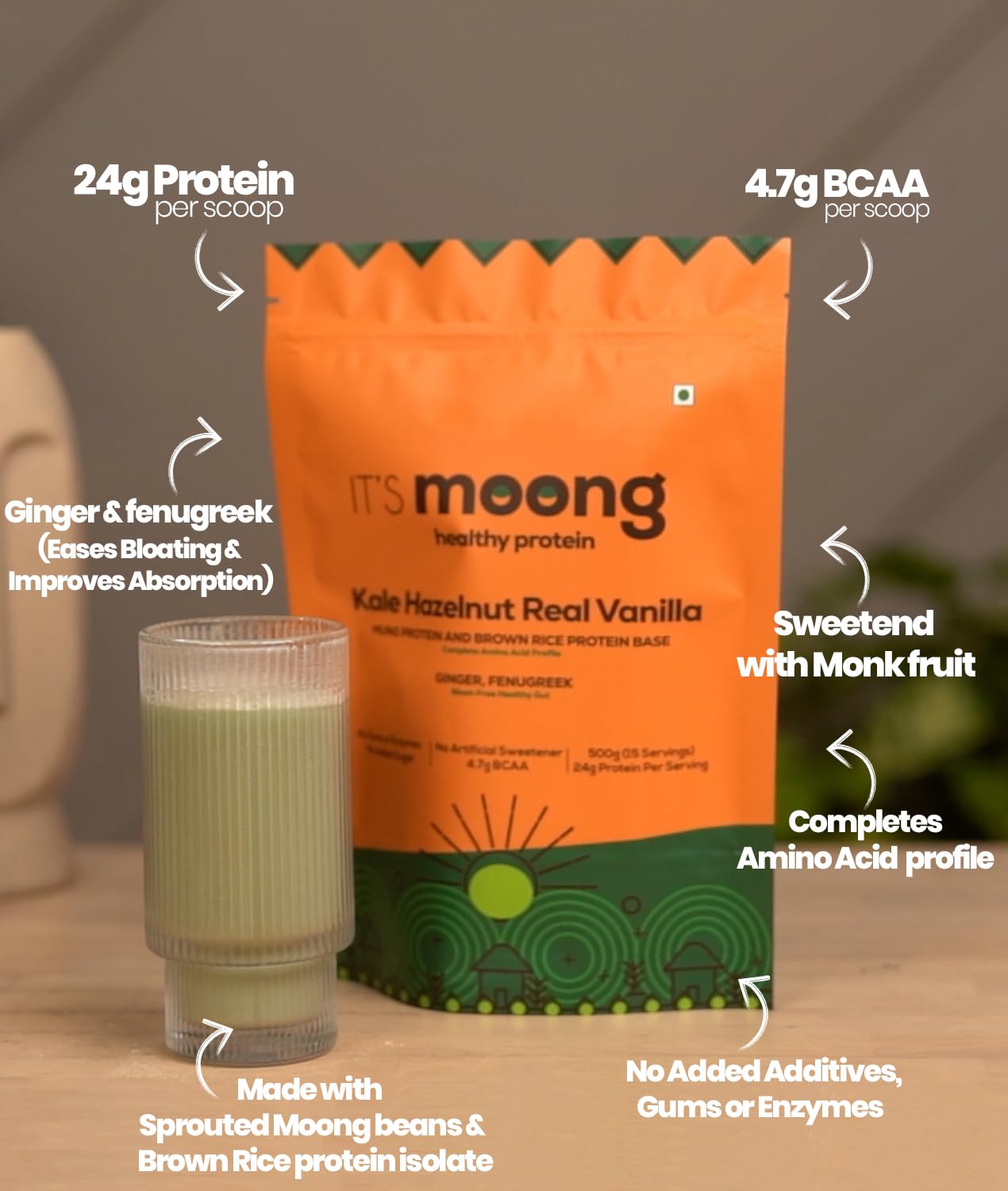 It's Moong Mung Bean & Brown Rice Isolate Plant Protein Powder for Men & Women | 24gms per serve 4.7gms BCAA| Kale Hazelnut Real Vanilla| 500 gms, Sprouted Plant based protein| Plant Protein|Pack of 2
