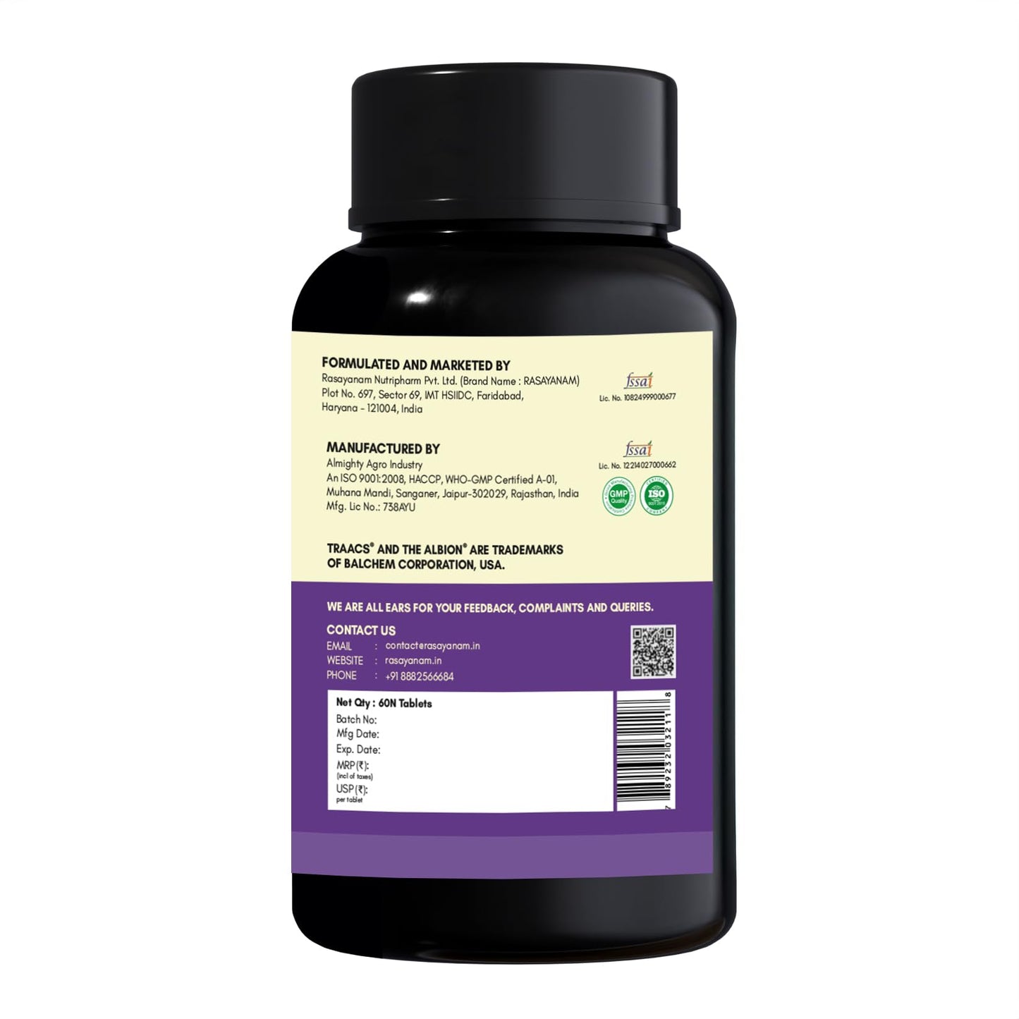 Rasayanam Magnesium Glycinate Supplement 2445 mg - Pack of 2 (60 Tablets each) | Helps Improve Muscle Recovery & Sleep Quality