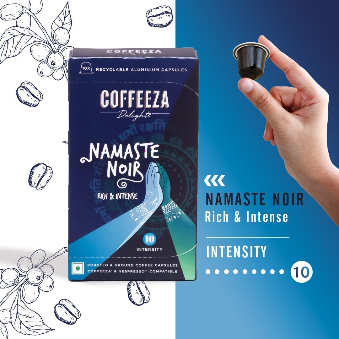 COFFEEZA Delights Namaste Noir Coffee Capsules (Budget-Friendly) Nespresso Compatible Coffee Capsules|10 Coffee Pods, 90 Gram