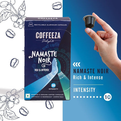 COFFEEZA Delights Namaste Noir Coffee Capsules (Budget-Friendly) Nespresso Compatible Coffee Capsules|10 Coffee Pods, 90 Gram