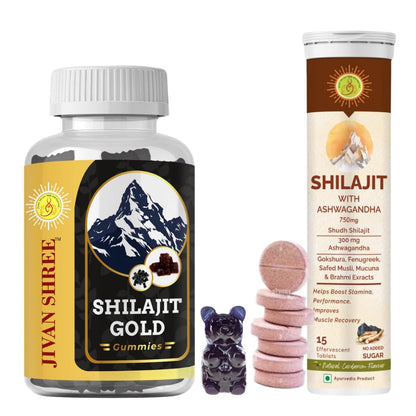 Jivan Shree Yog and Ayurved Combo of Shilajit with Ashwagandha Effervescent Tablets, 15 Tablets, in Pack of 1 Bottle and Shilajit Gummies 30 Gummys Pack of 1