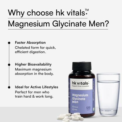 HK Vitals Magnesium Glycinate Men, 120 Tablet | For Better Sleep Quality & Muscle Recovery