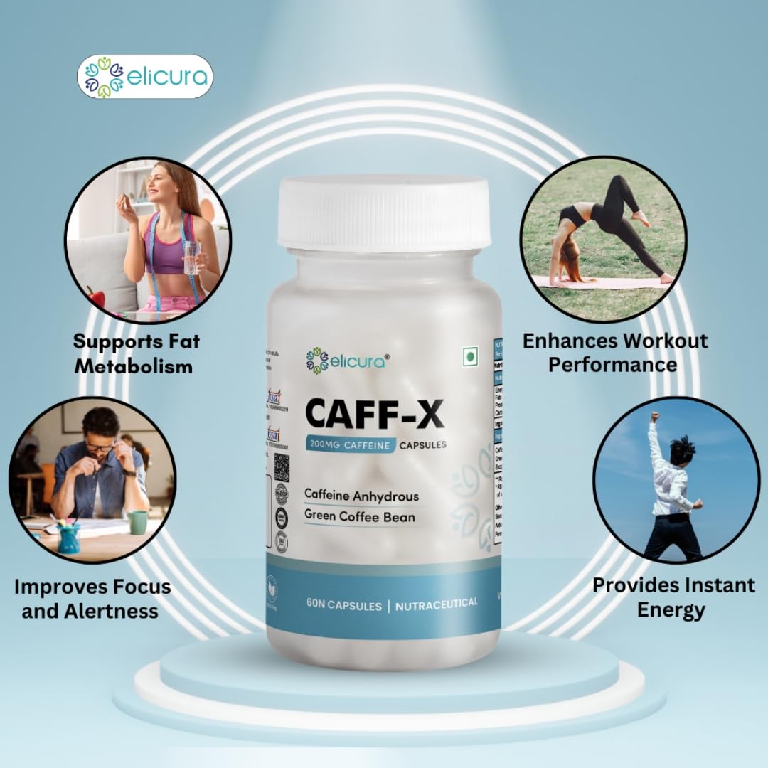 Elicura Caff-X Energy Boost Capsules | 200mg Caffeine for Focus, Mental Alertness & Performance | Green Coffee Bean Extract for Metabolism & Fat Burning | Supports Physical Endurance & Weight Management - 60 Veg Capsules (Pack of 2)