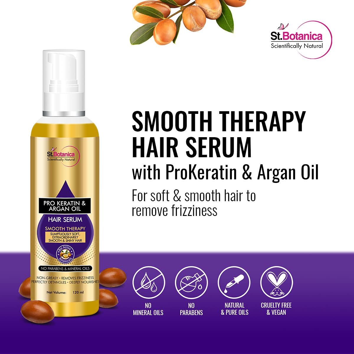 St.Botanica Smoothening Pro Keratin & Argan Hair Serum for Women, 200 ml | with Pro Keratin & Argan Oil | Deeply Conditions Dry, Damaged Hair | Protects Coloured Hair | No Parabens & Sulphates