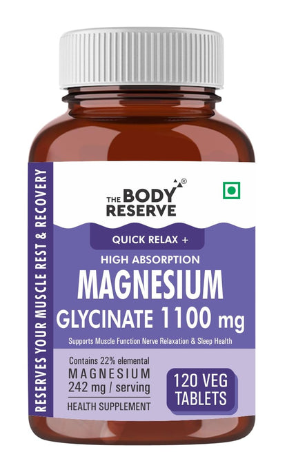 The Body Reserve Magnesium Glycinate Supplement - 120 Veg Tablets, 1100mg Per Serving, High Absorption Chelated Form - Muscle & Nerve Health, Relaxation for Men & Women