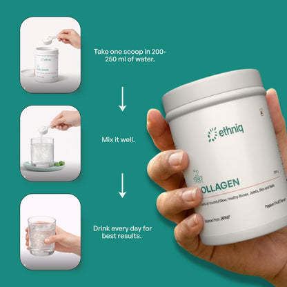 Ethniq Japanese Marine Collagen Powder for Women & Men | Hydrolyzed Type I Collagen Peptides with Glutathione, Vitamin C, E & Biotin | Supports Skin Glow, Hair, Nails & Joints | Sugar Free Passion Fruit Flavour | 250g