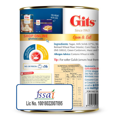 Gits Open & Eat Gulab Jamun Tin, 16 Pieces per Can, Mouth-Watering Indian Mithai, 1Kg