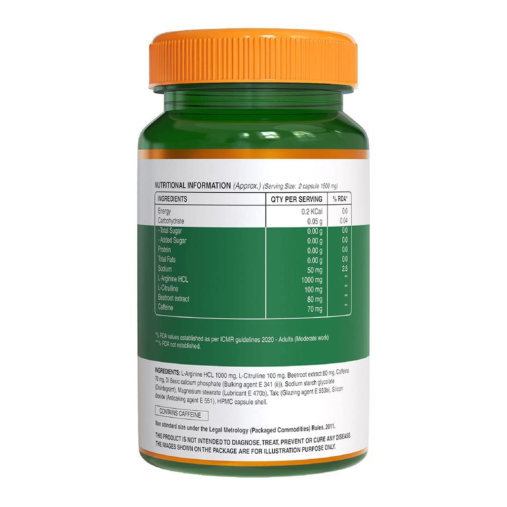 Pure Nutrition L-Arginine 1500mg - 120 Veg Capsules (60x2) | With Green Coffee, Seaweed & Beetroot Extract | Boosts Muscle Growth, Stamina, Heart Health & Blood Circulation | Energy & Endurance Supplement for Men & Women