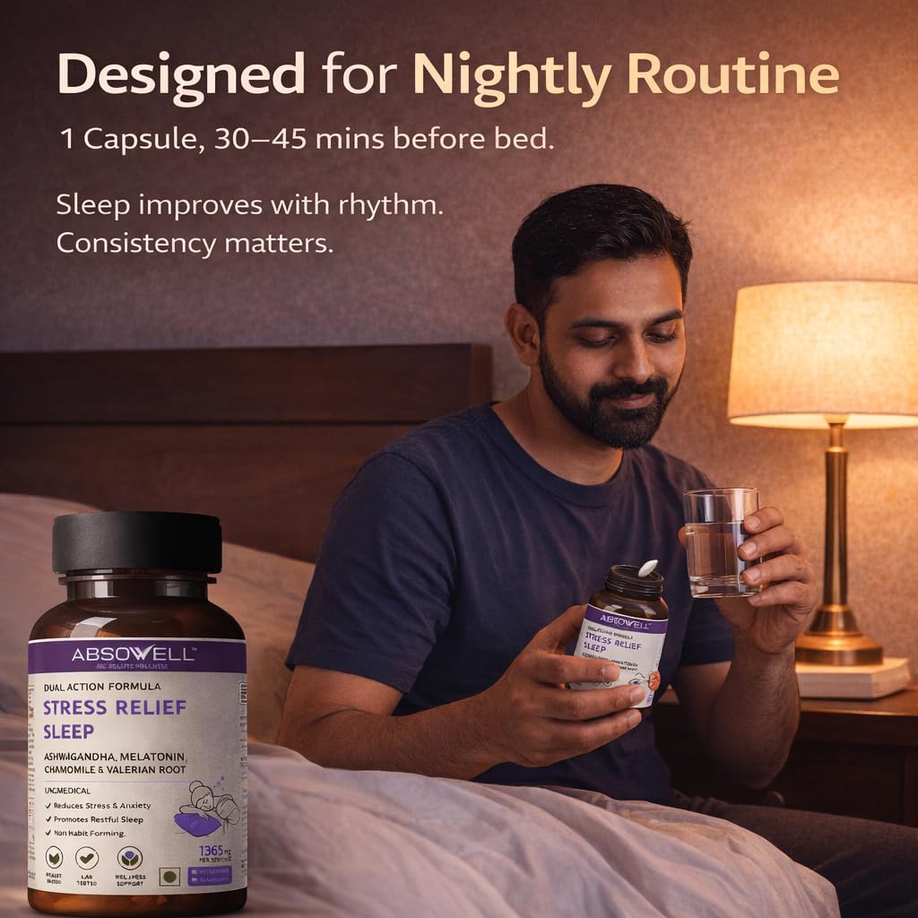 Absowell Stress & Sleep Relief | 60 Veg Capsules | Ashwagandha 300mg, L-Theanine 200mg, Valerian, Chamomile & Melatonin 3mg | Natural Non-Habit Forming Sleep Aid & Stress Relief Supplement
