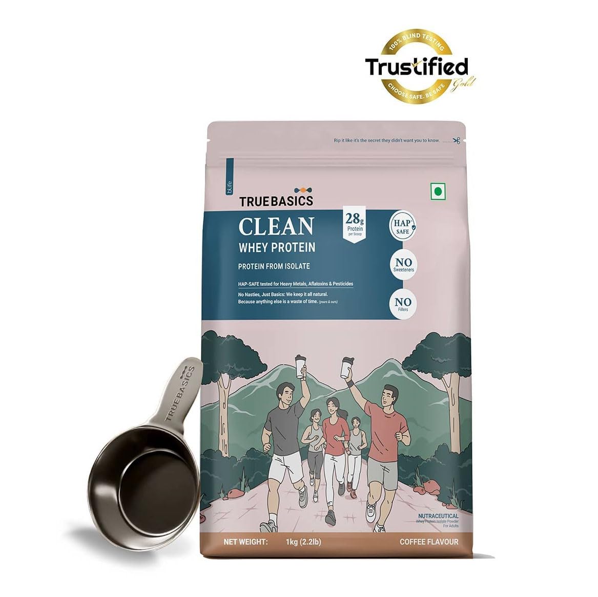 TrueBasics Clean Whey 100% Protein Isolate Powder (Coffee, 1kg) | 28g Protein per Scoop | Trustified Gold Certified