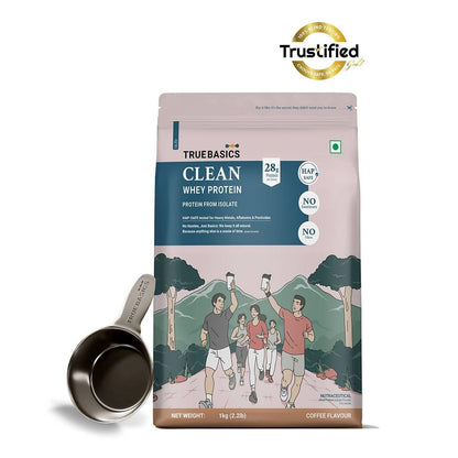 TrueBasics Clean Whey 100% Protein Isolate Powder (Coffee, 1kg) | 28g Protein per Scoop | Trustified Gold Certified