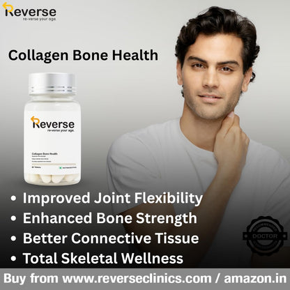 Reverse Clinics Collagen Bone Health- 60 Tablets | 500mg Calcium + Vitamin D3 & K2 | Supports Strong Bones, Joint Mobility & Skin Elasticity | Hyaluronic Acid, Curcumin & Biotin Blend