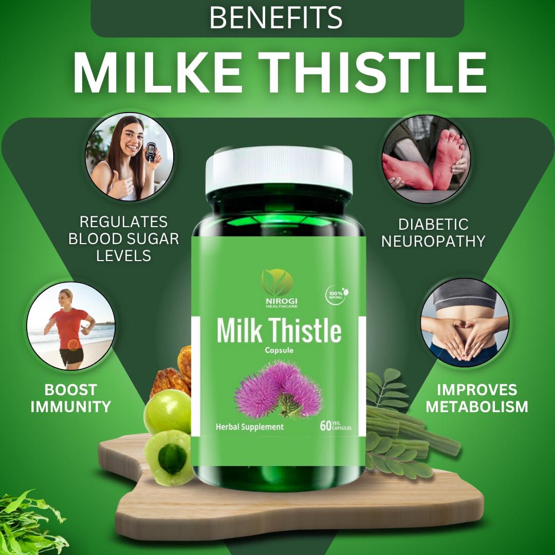 NIROGI HEALTH CARE Milk Thistle Capsules – Liver Detox & Cleanse Support | Herbal Supplement for Digestion, Immunity, Antioxidant & Gut Health | 100% Natural & Safe – 60 Veg Capsules