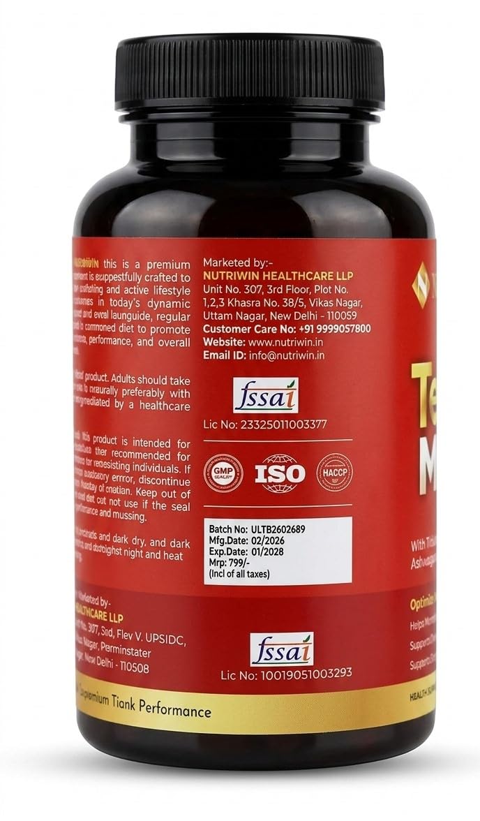 Nutriwin TestoMate Men’s Wellness Capsules with Tribulus, Mucuna, Safed Musli, Ashwagandha & Korean Ginseng | Herbal Daily Supplement for Active Lifestyle | 60 Capsules