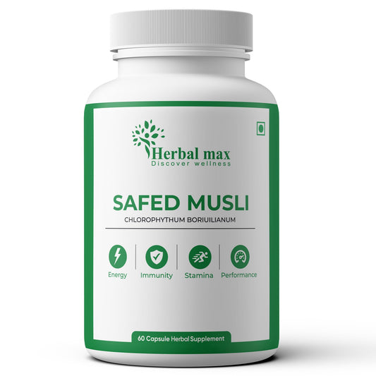 Herbal max Safed Musli Capsule for Natural Energy & Immunity Booster, Support Body Strength, Stamina, Stress Relief, Performance Enhancer for Men & Women – 800mg (60 Veg Cap