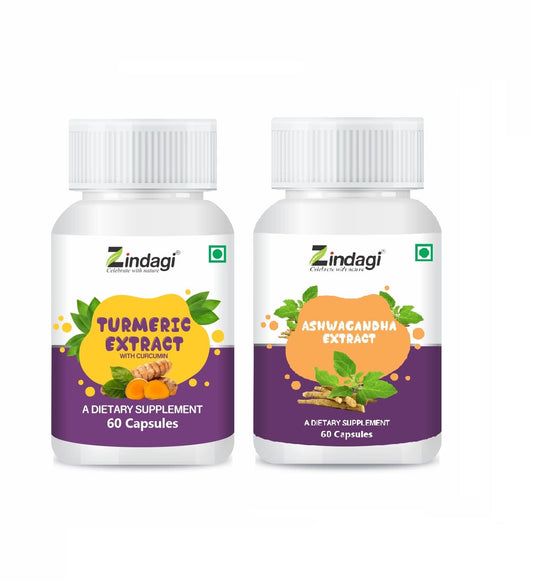 Zindagi 100% Pure Ashwagandha Extract Capsules and Turmeric Extract Capsules With Curcumin - Herbal Health Supplement For Diabetic - Maintain Healthy Joints(Combo Offer)