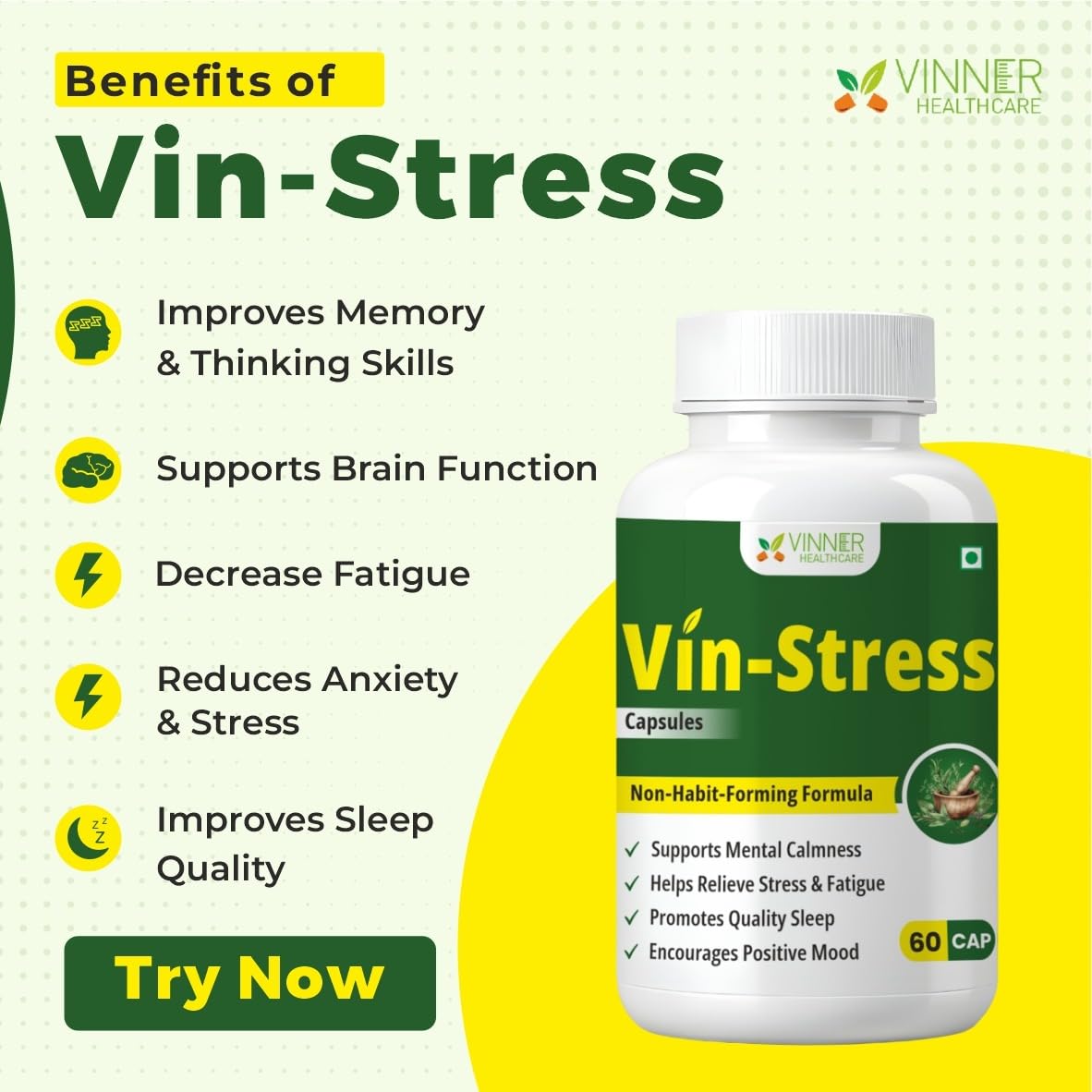 Vin-Stress Capsules | Ayurvedic Stress Relief & Sleep Support | Herbal Supplement with Ashwagandha, Shankhpushpi, Brahmi, Jatamansi, Tagar & More | 60 Capsules