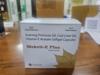 Mekvit-E Plus Evening Primrose Oil, Cod Liver Oil, Vitamin E Acetate Softgel Capsules, 10x10 Capsules