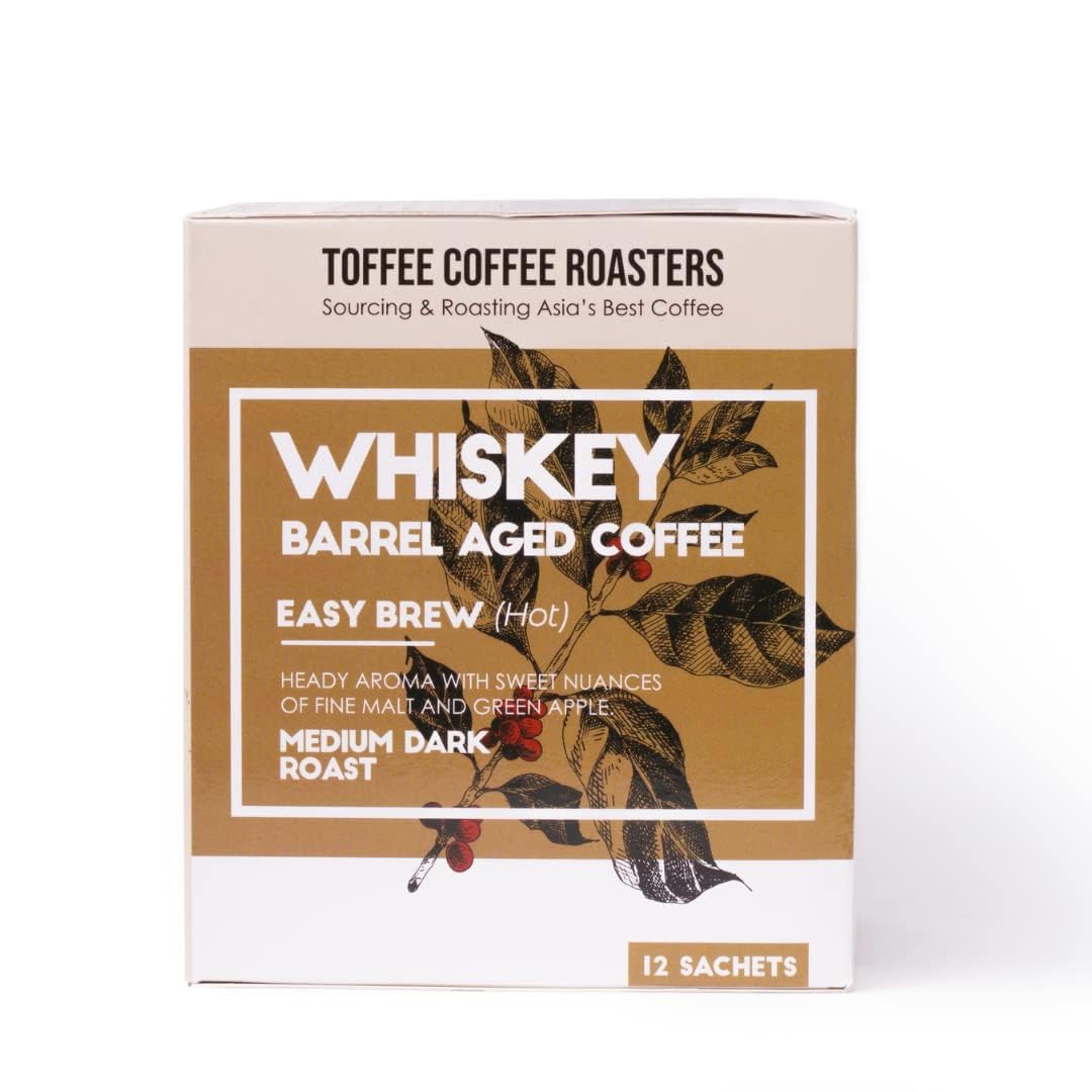 Toffee Coffee Roasters | Easy Brew (Hot Brew) Coffee | Single Malt Whiskey Barrel Aged Grounded Coffee | Pack of 8 Sachets | Medium Dark Freshly Roasted | Notes: Fine Malt & Green Apple