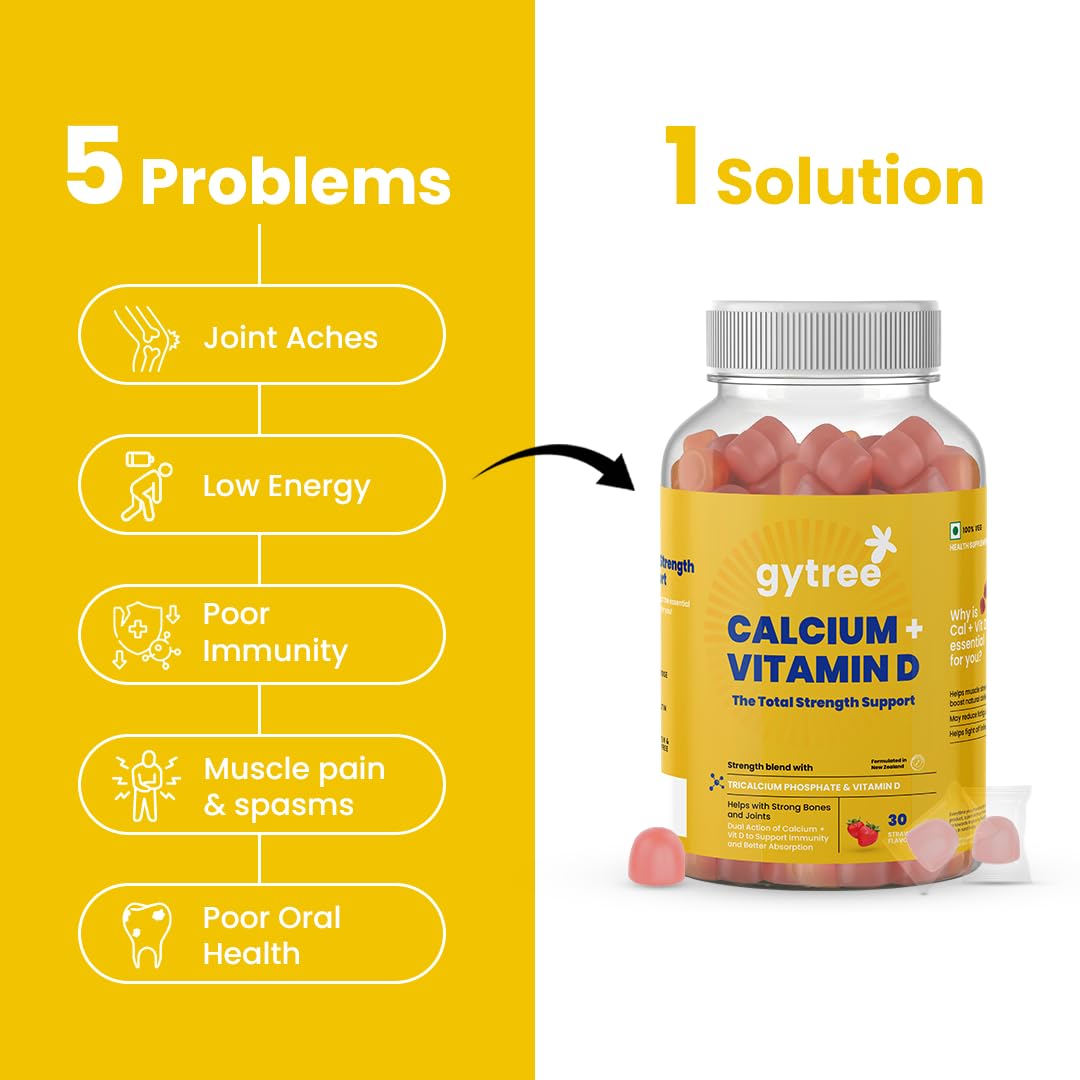 Gytree Calcium + Vitamin D Gummies for Women | Stronger Bones, Joints & Immunity | Formulated in New Zealand | 100% Vegan | Strawberry Flavour (30 Count)