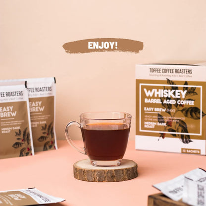 Toffee Coffee Roasters | Easy Brew (Hot Brew) Coffee | Single Malt Whiskey Barrel Aged Grounded Coffee | Pack of 8 Sachets | Medium Dark Freshly Roasted | Notes: Fine Malt & Green Apple