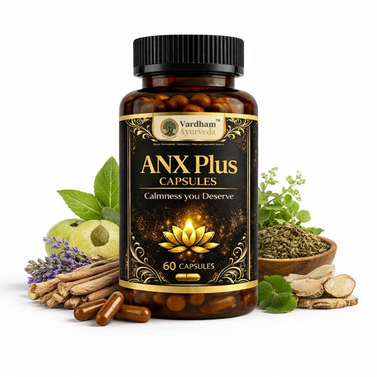 Vardham Ayurveda ANX Plus for Stress Relief & Mental Wellness | Anxiety Support with Ashwagandha, Shankhpushpi & Brahmi (Swarn Yukt) | Herbal Calm Mind & Sleep Support Supplement | 100% Ayurvedic Formula | 60 Capsules