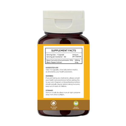 Vedicaon Natural Curcumin Plus 500mg, Extra Pure Nano Curcumin capsules with Bioperine - 60 Veg Capsules