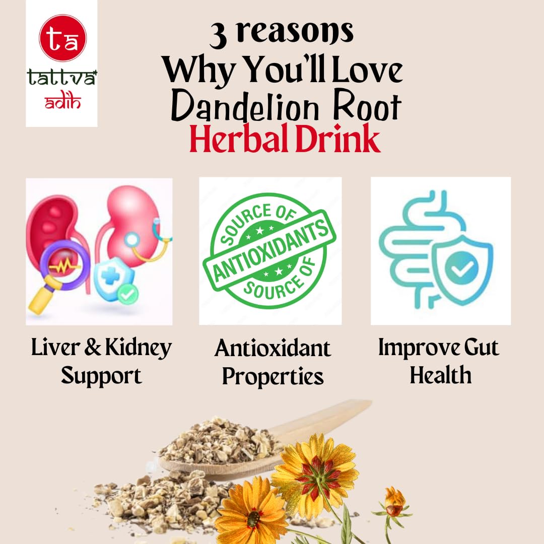 Tattva Adih Pure Dandelion Root - 100 gm Pouch, 60+ Cups | Caffeine Free | Liver Cleanse | Digestion Support - Gut Health | PowerHouse of Antioxidants I Single Ingredient | Powder Form
