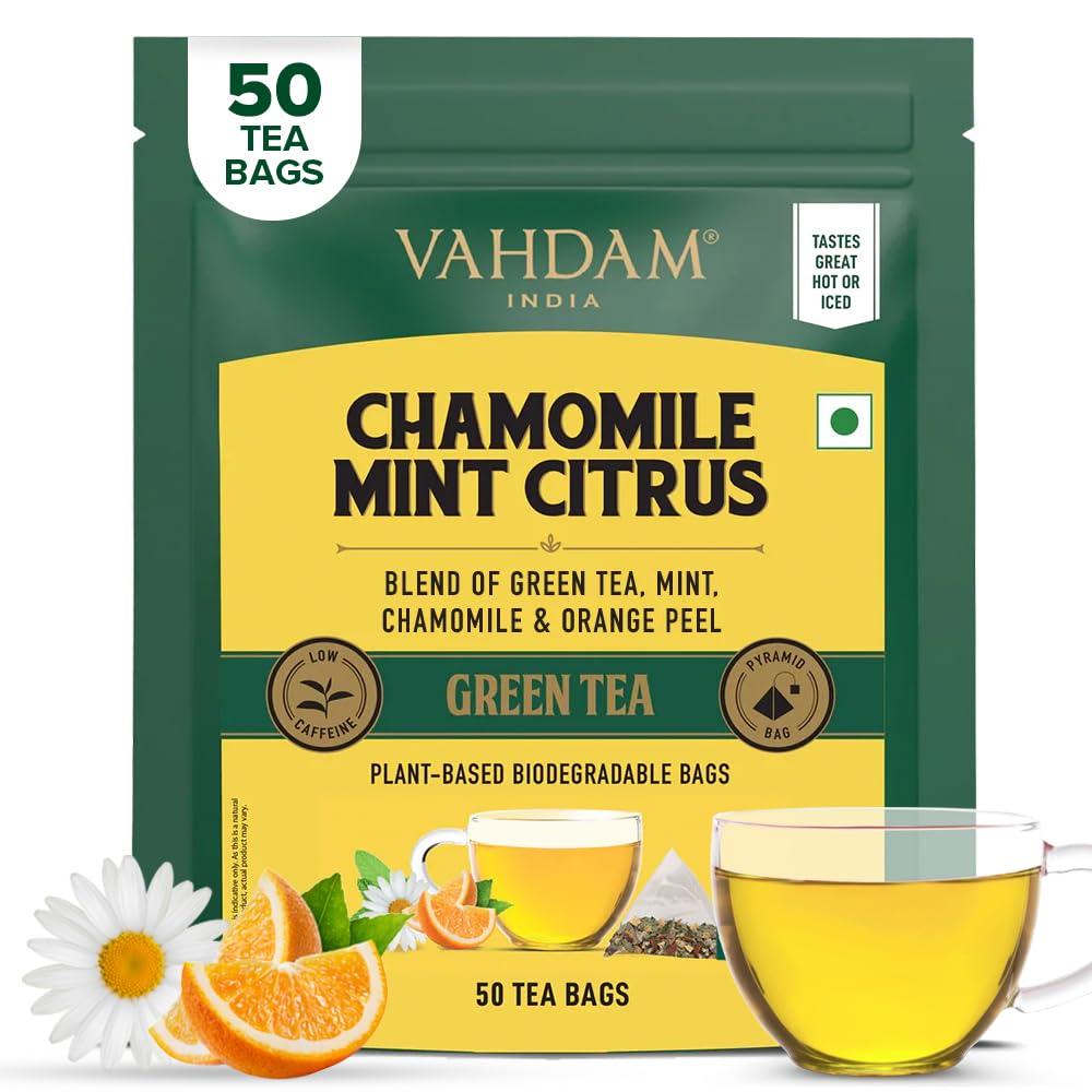 VAHDAM, Chamomile Mint Citrus Green Tea Bags (50 Count) | Sweet & Floral |Low Caffeine, Non-GMO, Gluten Free | Resealable Ziplock Pouch | Chamomile, Mint Tea Bags