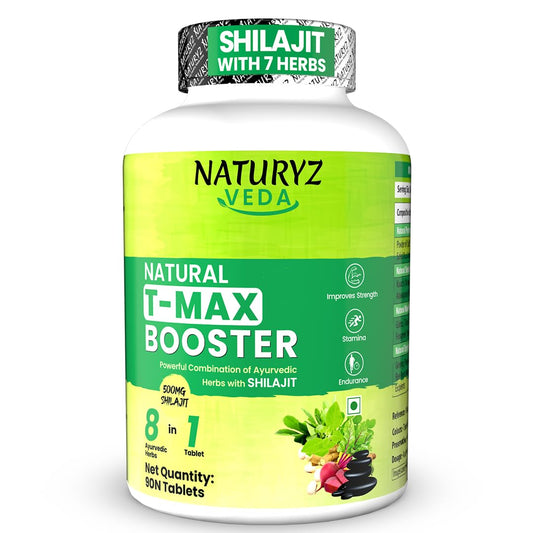 Naturyz VEDA Natural T-MAX Booster with 8 Ayurvedic Herbs | Highest Strength Shilajit | Safed Musli | Kaunch | Ashwagandha | Gokshura | Ginseng | High absorption | Original Shilajeet Improves Strength, Stamina, Endurance, Energy & Muscle Mass for Men & Wo