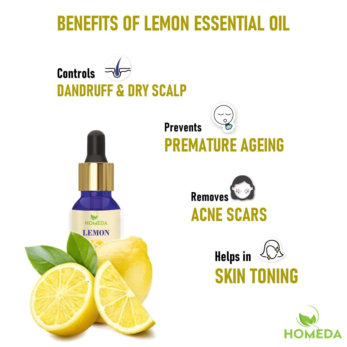 Homeda Lemon Essential Oils for Skin (100 ML), Lamon Essential Oil for Hair Care, Lemmon Cold Pressed, 100% Pure