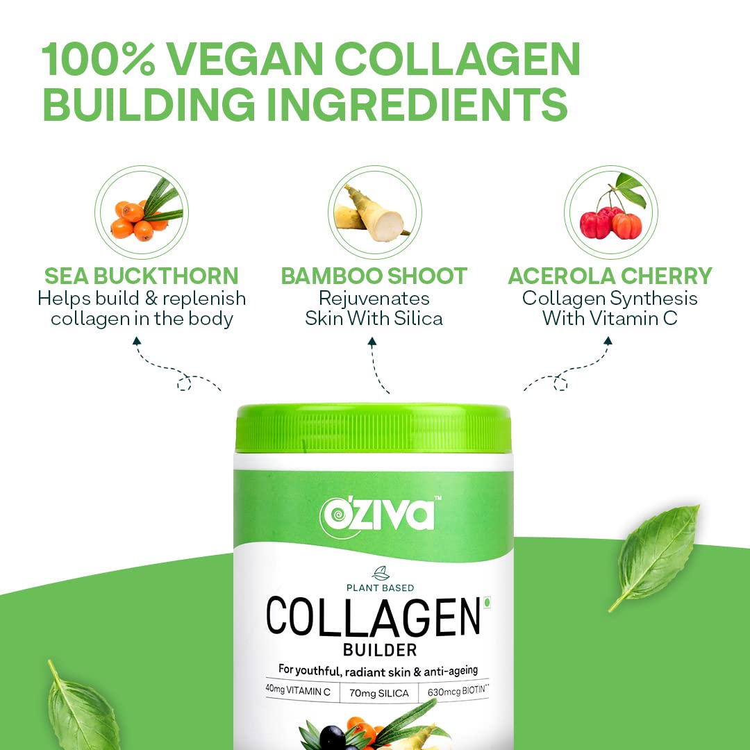 OZiva Plant Based Collagen Builder for Glowing & Youthful Skin | Collagen Powder for Women & Men | With Biotin, Silica & Vitamin C (Collagen Berry Orange + Biotin Xtra)