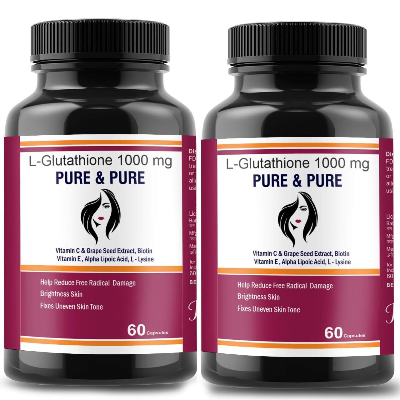 Pure & Pure Healthcare L-Glutathione Capsules with Vitamin C & Grape Seed Extract, Biotin Vitamin E, Alpha Lipoic Acid For Glowing Skin Help Reduce Free Radical Damages Pack of 2 | 120 capsules 1000mg