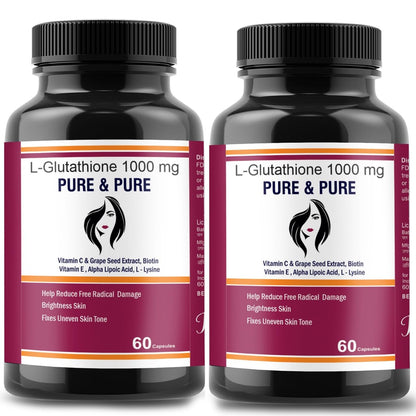 Pure & Pure Healthcare L-Glutathione Capsules with Vitamin C & Grape Seed Extract, Biotin Vitamin E, Alpha Lipoic Acid For Glowing Skin Help Reduce Free Radical Damages Pack of 2 | 120 capsules 1000mg