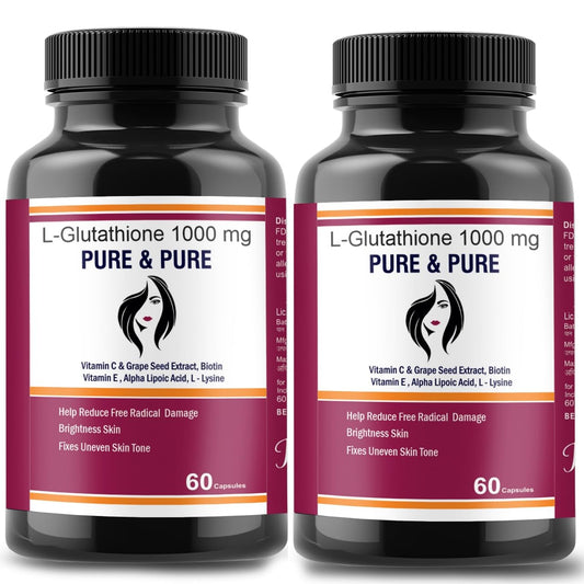 Pure & Pure Healthcare L-Glutathione Capsules with Vitamin C & Grape Seed Extract, Biotin Vitamin E, Alpha Lipoic Acid For Glowing Skin Help Reduce Free Radical Damages Pack of 2 | 120 capsules 1000mg