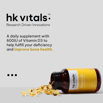 HealthKart HK Vitals Vitamin D3 (600 IU) (90 Capsules) | With Sunflower Oil, Promotes Calcium Absorption | Bone Health, Muscle Strength & Immunity