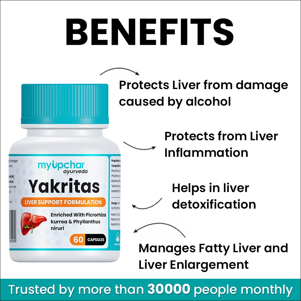 myUpchar Ayurveda Yakritas Liver Detox Ayurvedic Supplement Beneficial For Fatty Liver. Kutki + 12 herbs. Helps Reduce Damage Caused By Alcohol, Allopathic Medicines 60 Capsules