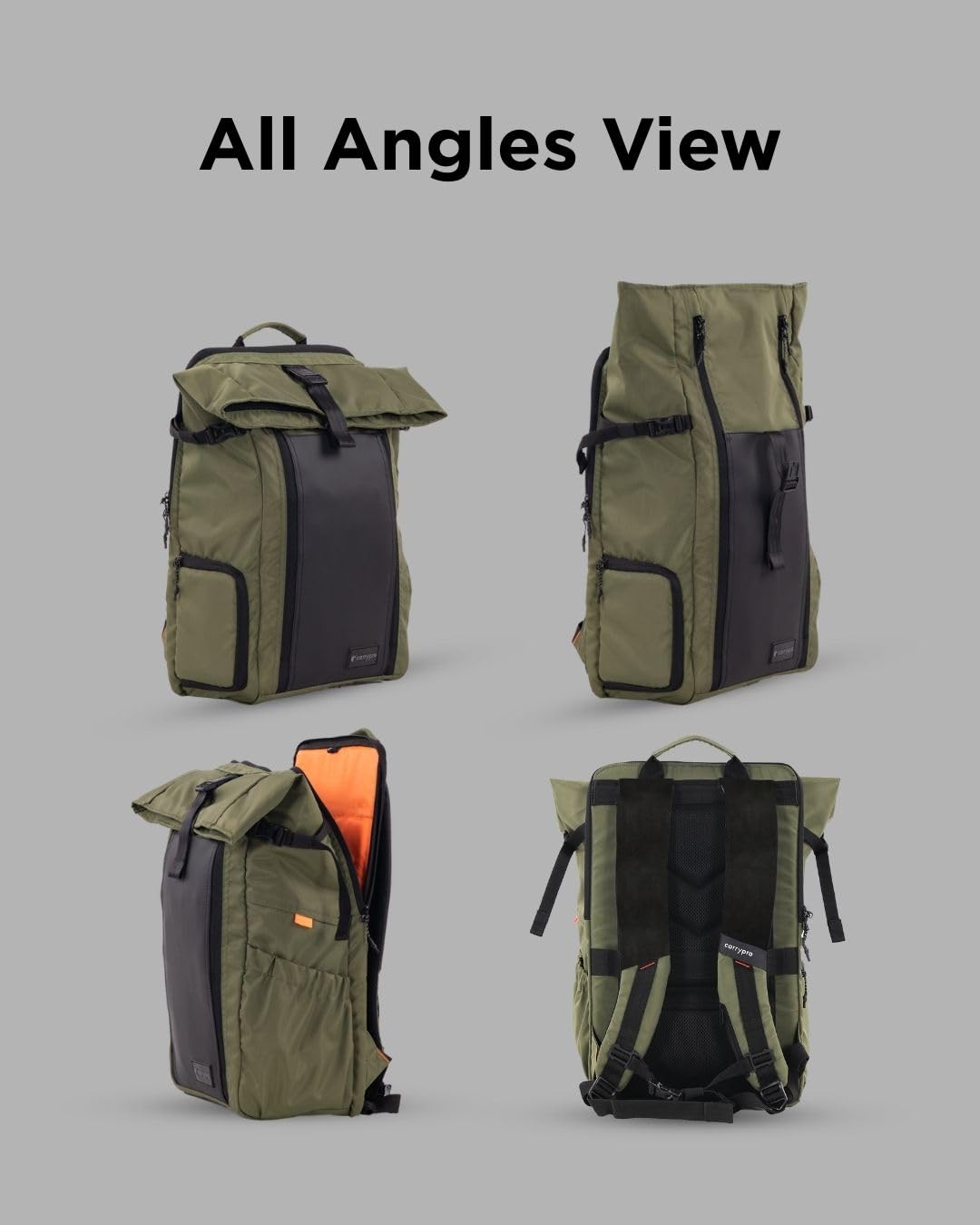 CarryPro HOBO25 V3.0 Roll-Top Zipper Laptop and Camera Travel Backpack (25-30L), Removable Camera Box, Water-Resistant + Raincover, 2-Yr Warranty – For Work, College & Travel (Olive Green)